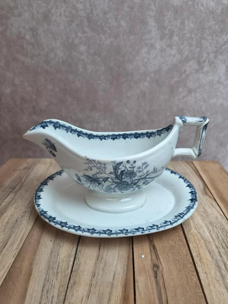 Antique Sarreguemines Bamboo Form Saucer – Unlisted Blue Decor – Iron Earth – photo 3
